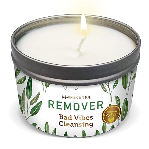 Magnificent 101 Bad Vibes Remover Aromatherapy Candle in 6-oz. Tin Holder: 100% Natural Soy Wax with Pure Sage Leaves & Essentia