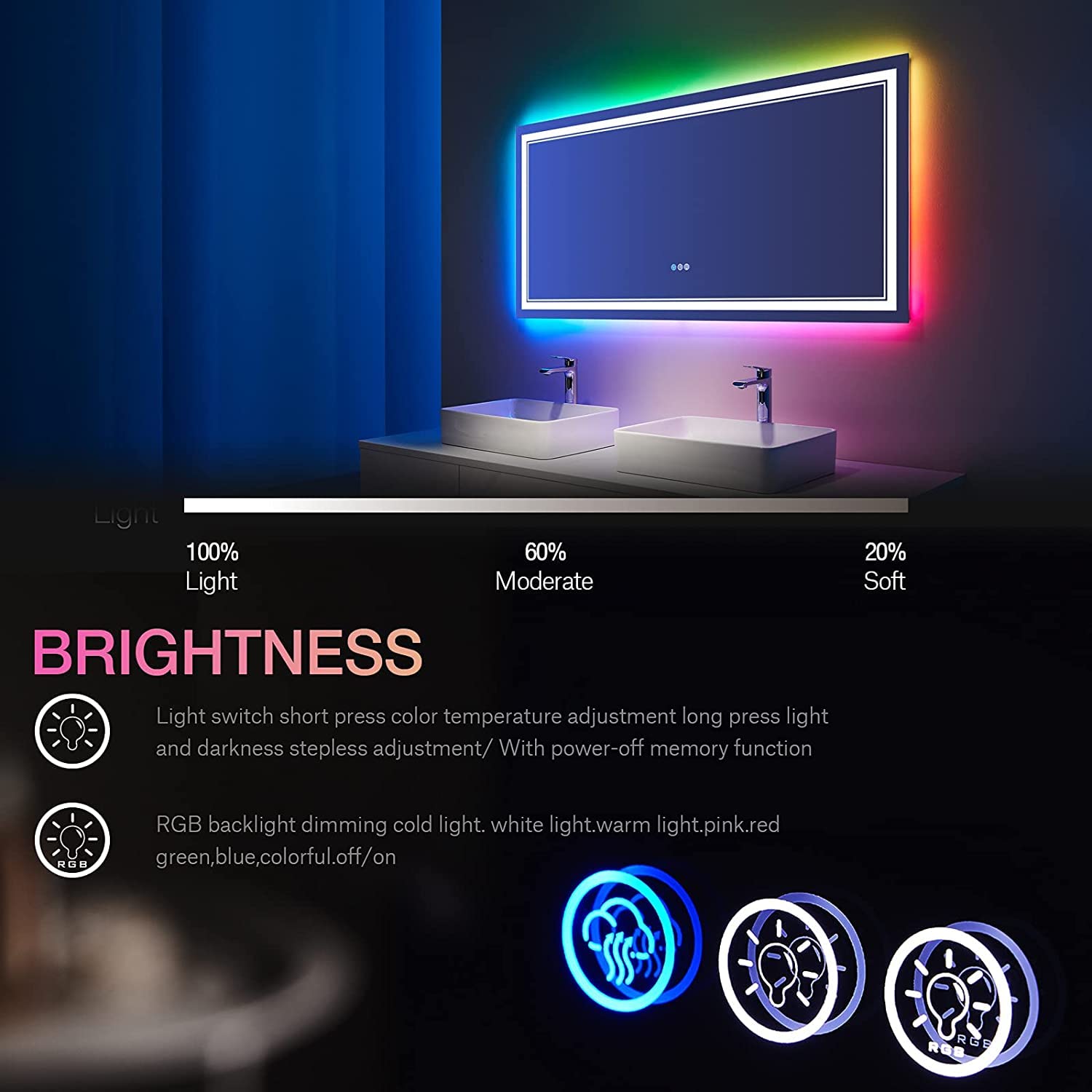 ISTRIPMF 60x28 Inch LED Bathroom Mirror with Lights  RGB Color Changing Lighted Mirrors for Bathroom Wall  Dimmable  Anti-Fog Large LED Mirror for Bathroom (RGB Multicolor Backlit+Front-Lit)