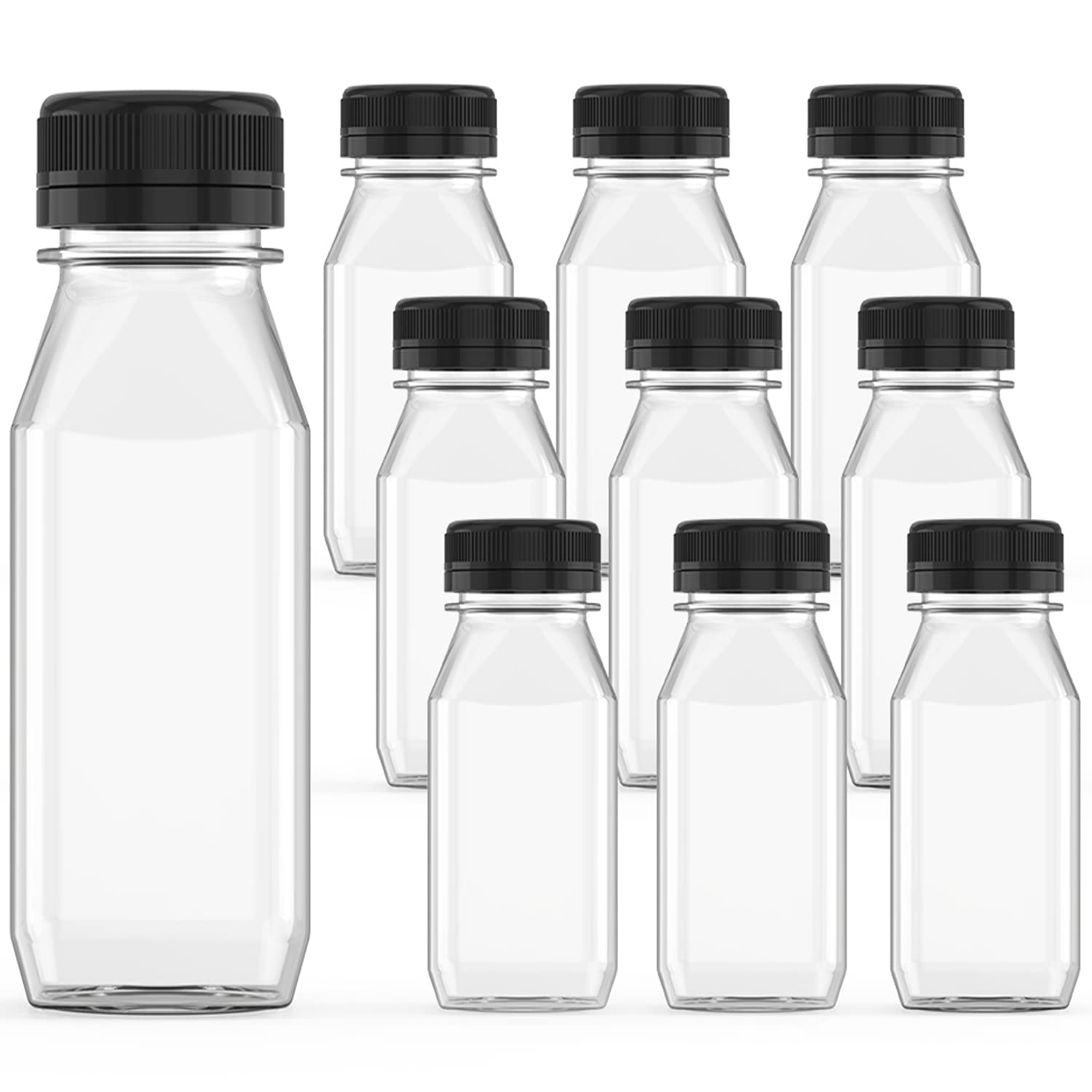 10 Pcs 8 Oz Plastic Juice Bottl , Reusable Transparent Bulk Beverage Container With Black Lid, Suitable For Juice, Milk And Othe