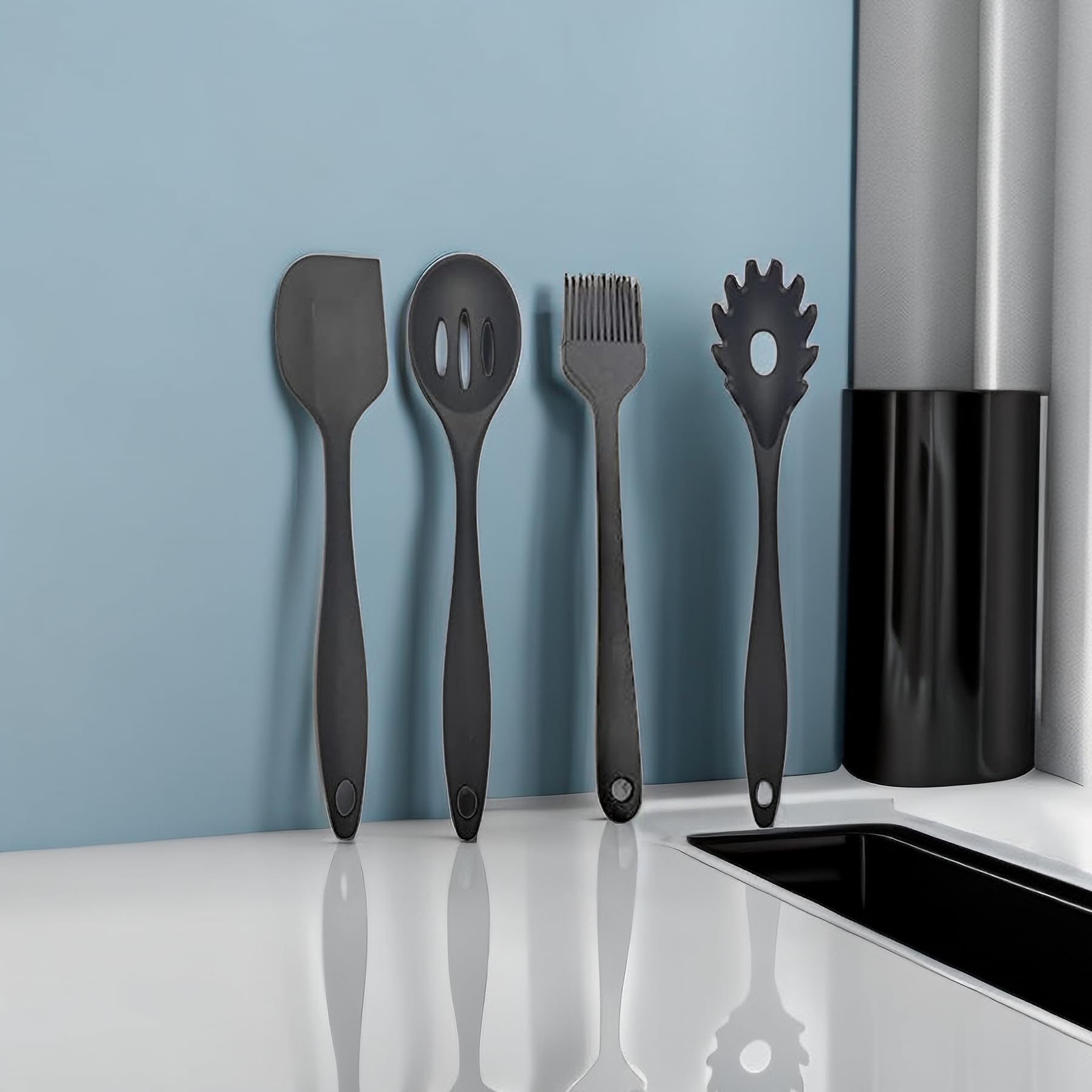 Silicone Kitchen Utensils Set, Heat Resistant, Nonstick Cookware (Black)