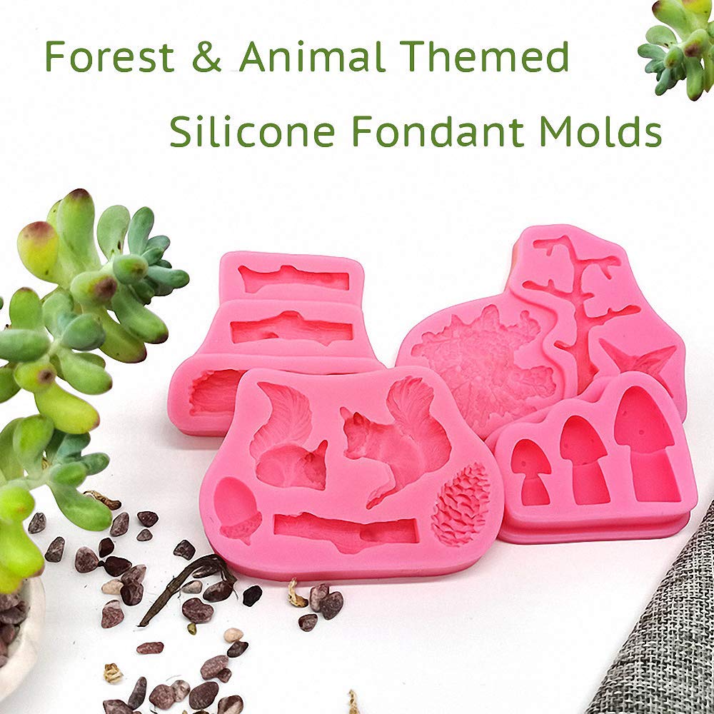 4Pcs/Set Forest Themed Fondant Molds Animal Tree Trunk Squirrel Mushroom Pinecones Lumberjack Gumpaste Chocolate Candy Mold Stum