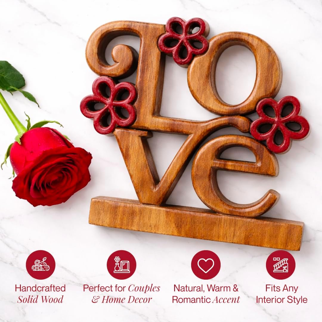 Wooden Love Sculpture – Handcrafted Solid Acacia Wood Figurine | Decorative Wood Art