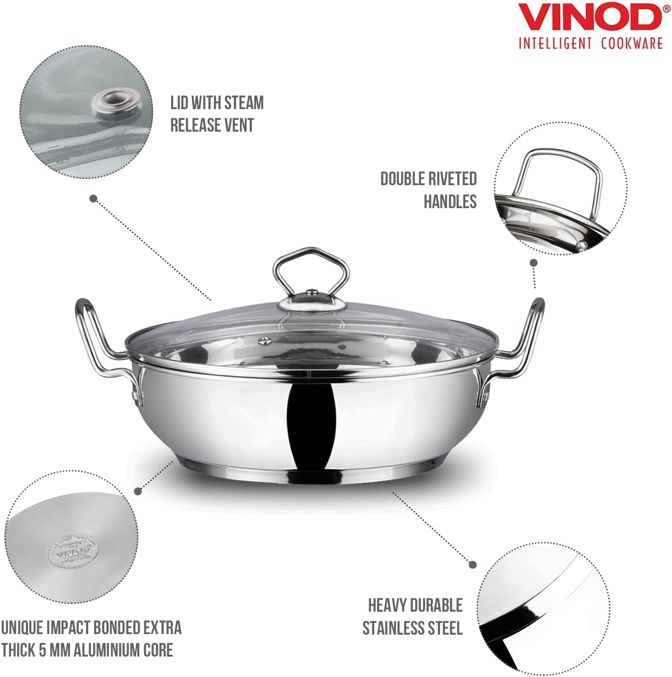 Vinod Stainless Steel Induction Base Kadai Wok With Glass Lid Frypan All Hobs | Size :- 30Cm (Capacity 5.8 Litres) (Induction Fr