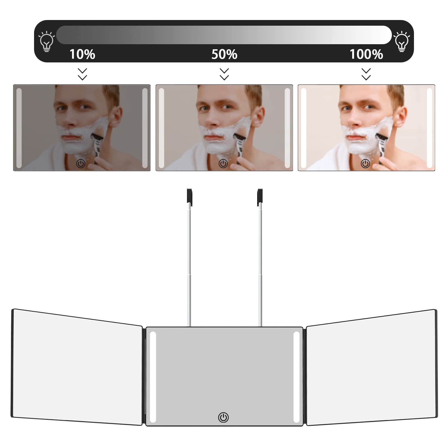 Olibuy 3 Way Mirror With Led For Hair Cutting, Tri-Fold Mirror For Shaver And Makeup, Adjustable Telescoping Hooks-With Led Vers