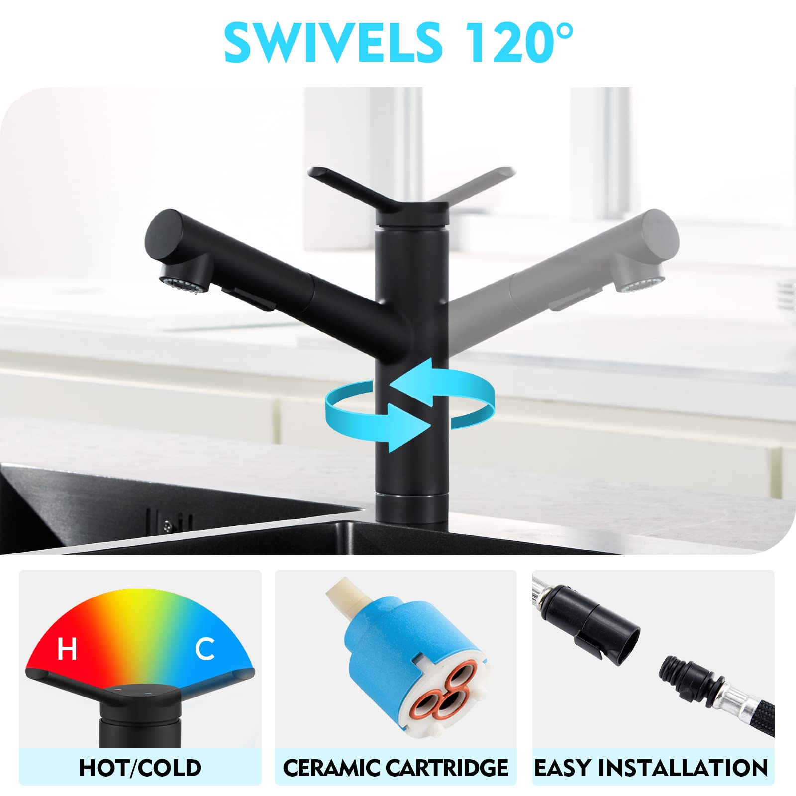 Crea Kitchen Faucets,Bar Sink Faucet,Black Kitchen Sink Faucet Pull Out Sprayer Utility Prep Wet Faucet Small Single Handle Hole