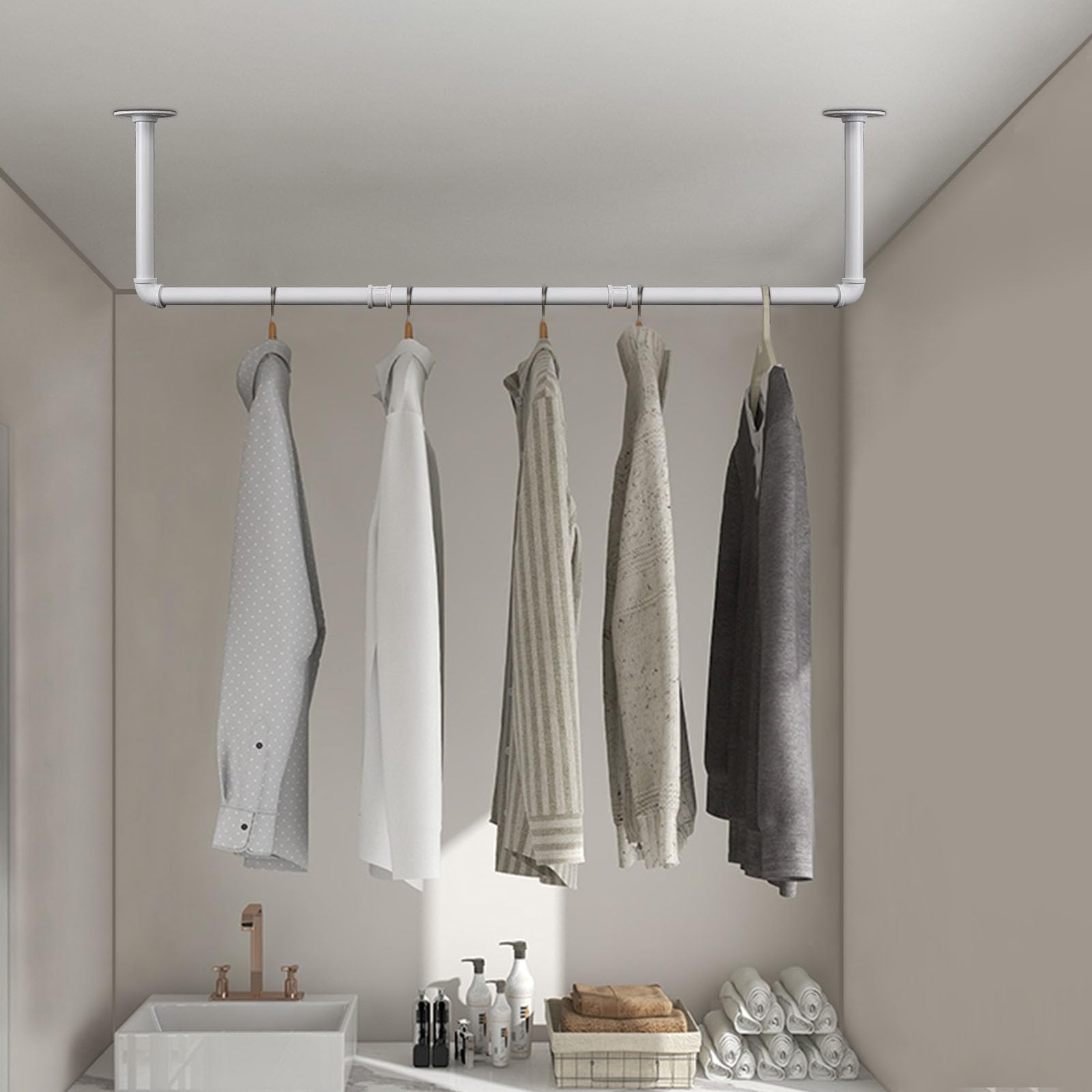 Jeasor Industrial Iron Pipe Clothes Hanging Bar Diy Wall-Mounted Garment Rack Heavy Duty Clothing Rack For Bedroom, Laundry Room