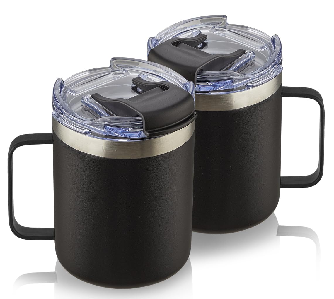 Aloufea 12Oz Stainless Steel Insulated Coffee Mug With Handle, Double Wall Vacuum Tumbler Cup With Fliping Lid, Black, 2 Pack