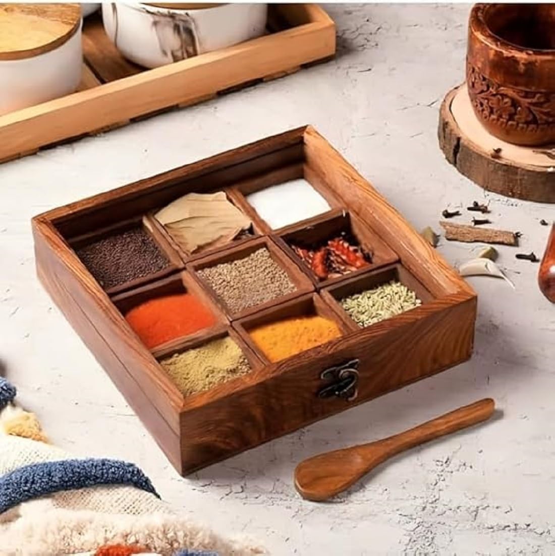 Hickory Spice Box For Kitchen With 2 Spoons/Sheesham Wooden Table Top Masala Dabba 9 Containers Jars Large Tabletop Spice Box Fo