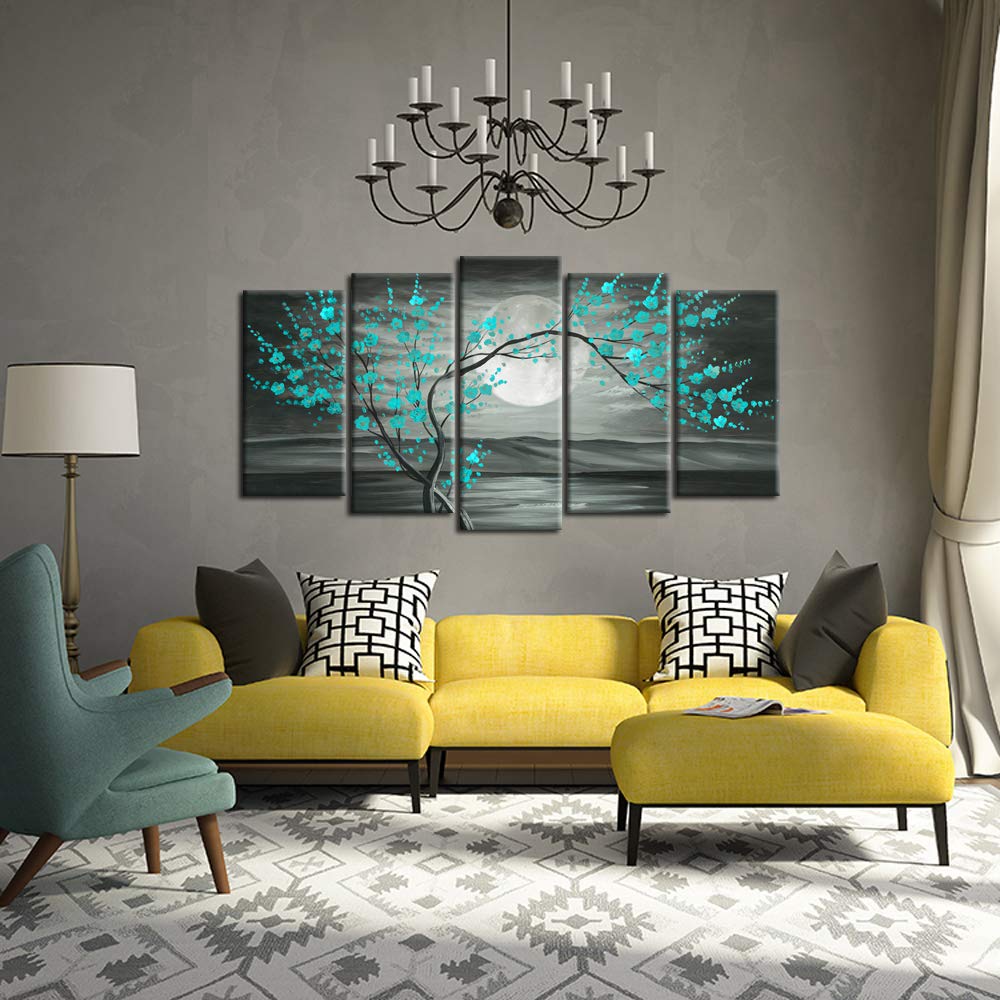 KREATIVE ARTS Large 5pcs Canvas Wall Art Prints Teal Grey Plum Blossom Tree Full Moon Paintings Contemporary Decorative Artwork For Living Room Walls Decor Framed Ready To Hang (Large 60x32inch)