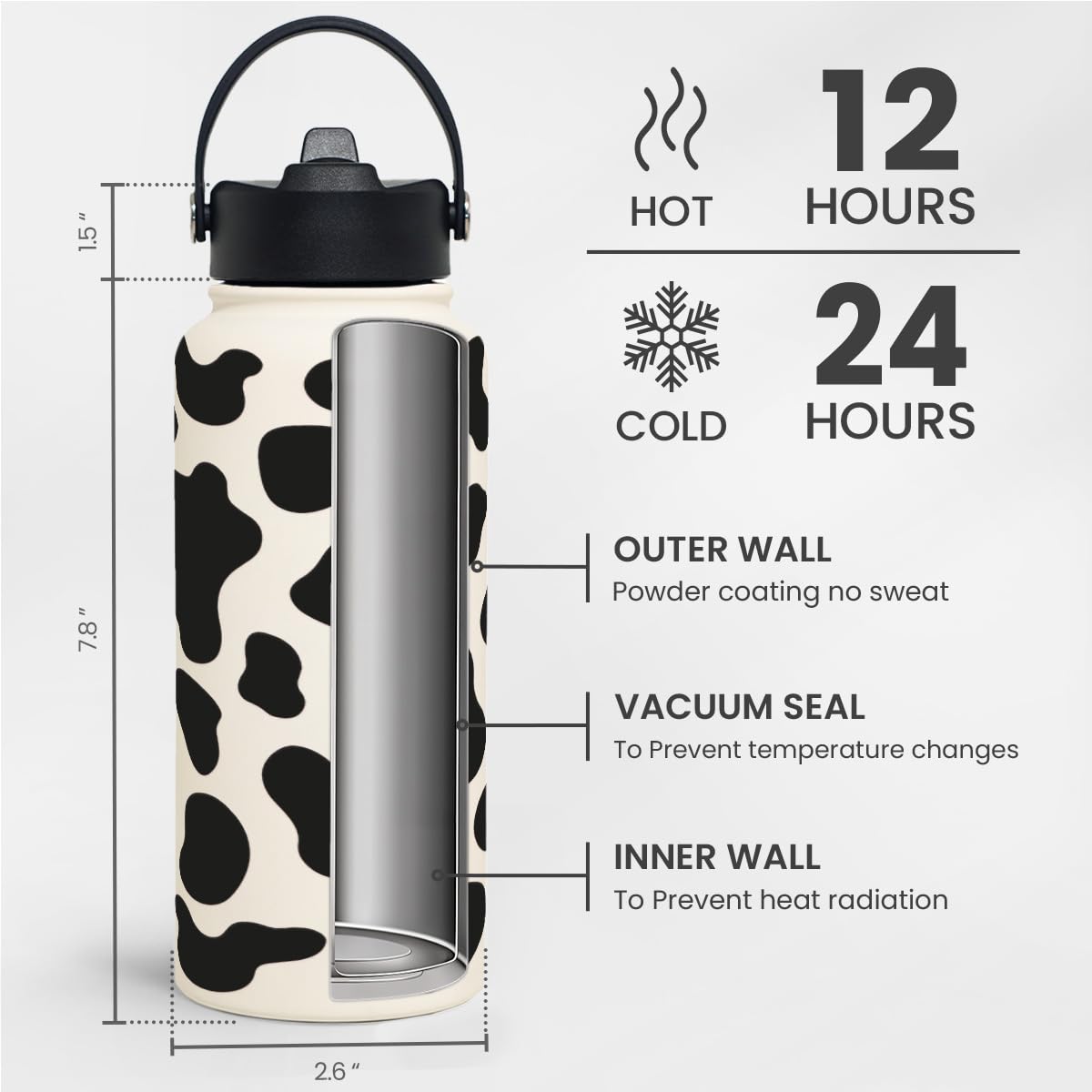 Cow Print Water Bottle 32oz Stainless Steel Vacuum Insulated with Lid, Cow Water Bottles for Gym Sports Travel Outdoor, Cow Gift