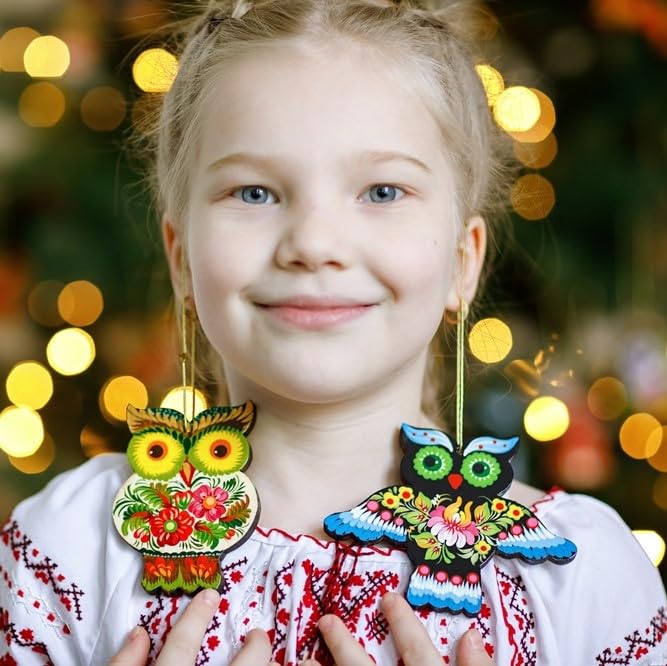 Rustic Christmas Tree Ornament Owl made of Wood Colorful Floral hand-painted on both sides 4,7 ? 3,7 ? 0,2 Inch.Traditional Ukra