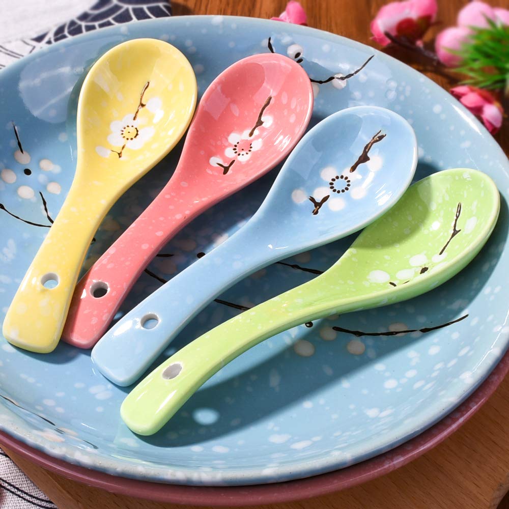 Japanese Soup Spoons Set Of 4, Coloured Plum Spoons For Soup Snack Cream