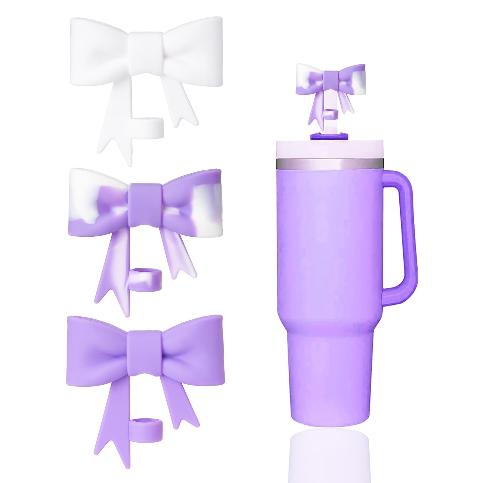 Yayayoung 3 Pcs Classic Purple Bow Straw Covers Cap Toppers Compatible With Stanley 30&40 Oz Tumbler Cups,Reusable Cute Silicone