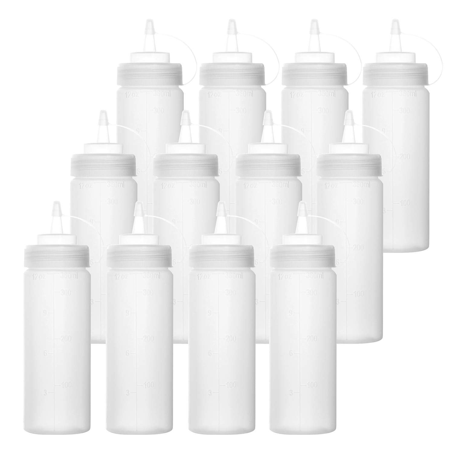 Bekith 12 pack 12 Oz Plastic Squeeze Condiment Bottles with Twist On Cap Lids and Discrete Measurements, Wide Mouth Empty Squirt