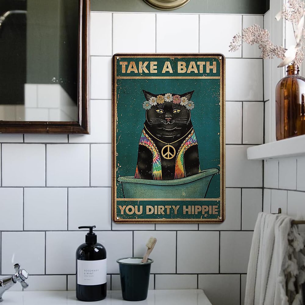 Bathroom Funny Black Cat Decor Sign For Cat Lovers Gifts - Take A Bath You Dirty Hippie- Vintage Retro Cat Art Wall Decor Metal