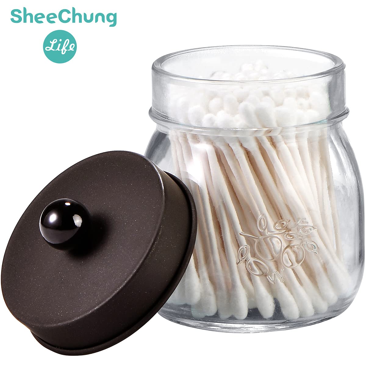 6 Pack Apothecary Jars Set Mason Jar Decor Bathroom Vanity Storage Organizer Canister Glass Qtip Holder Dispenser for Qtips Cotton Swabs Ball bathoom Accessories - Stainless Steel Lid (Bronze)