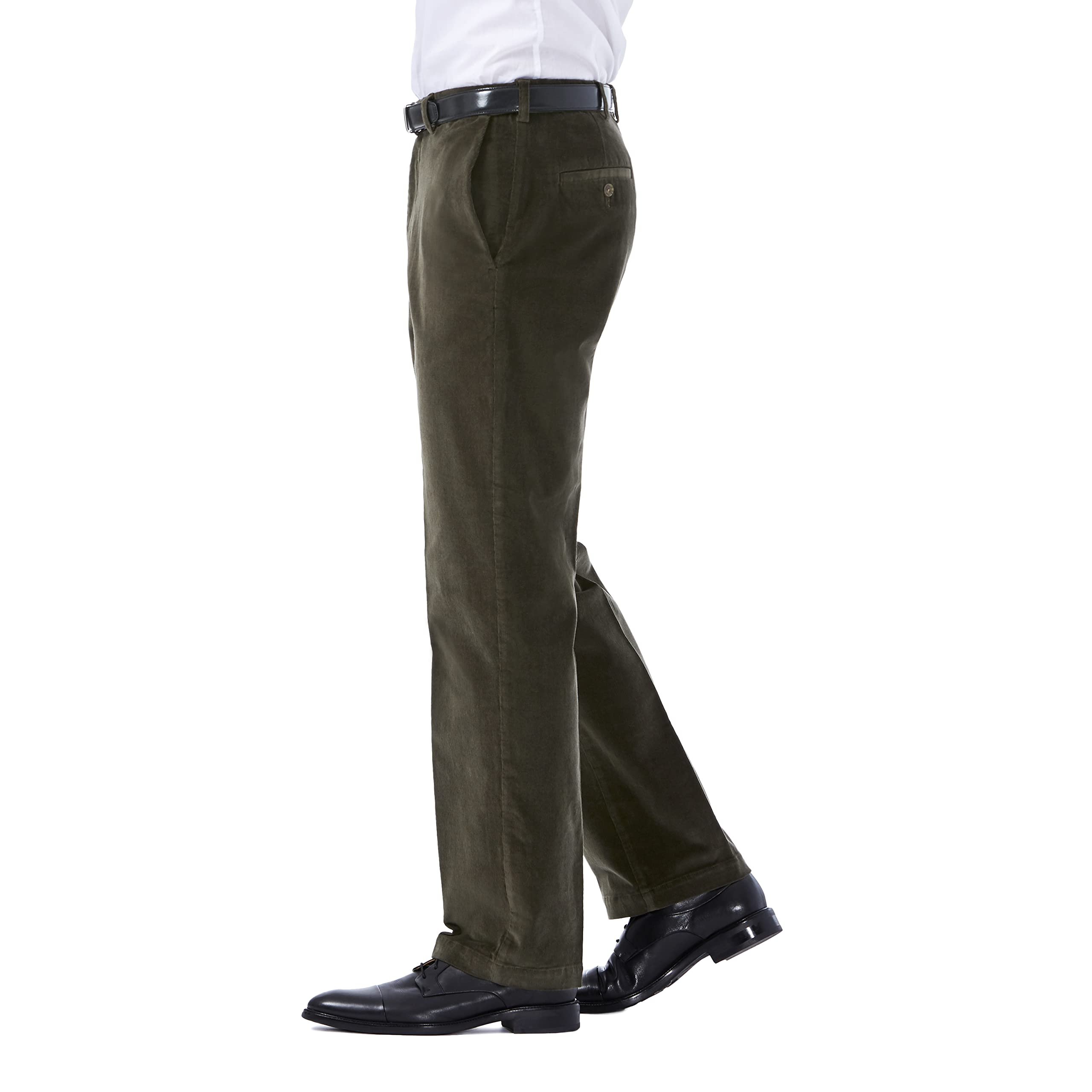 Haggar Mens Stretch Corduroy Expandable Waist Classic Fit Flat Front Casual Pants, Military Green, 36W X 31L Us