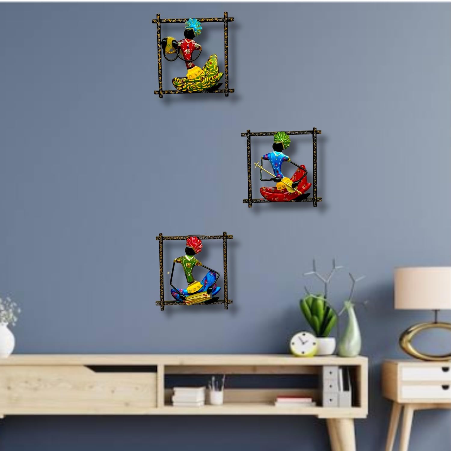 Rsn Metal Rajasthani Musicians Item Showpiece, Metal Frame Wall Dcor Entrance/Wall Hanging For Living Room, Wrought Iron Wall Ar