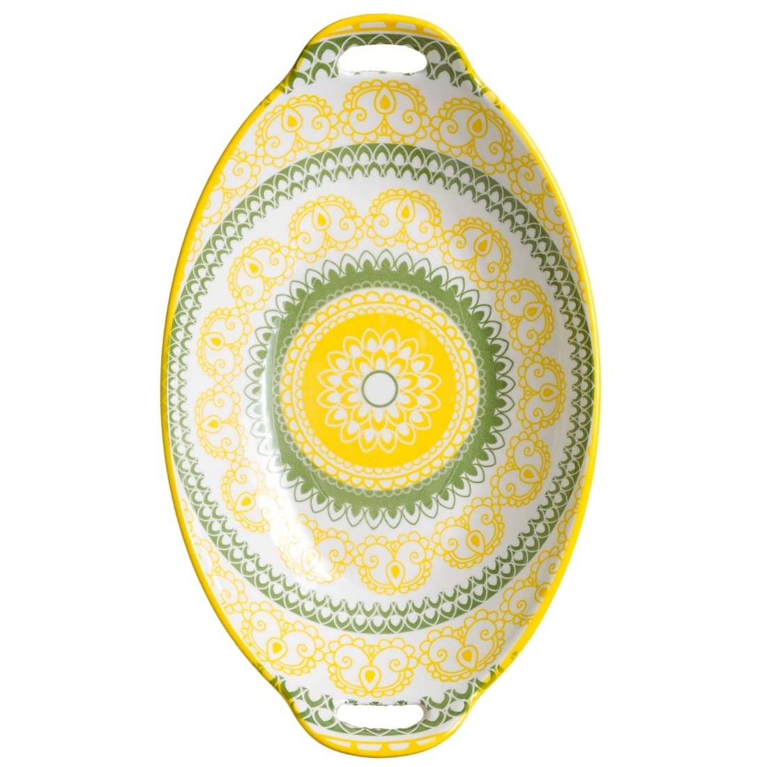 Nestasia Yellow and Green Mandala Ceramic Long Dish with Handles for Serving Snacks, Appetizers, Salads, and Noodles| Microwave 
