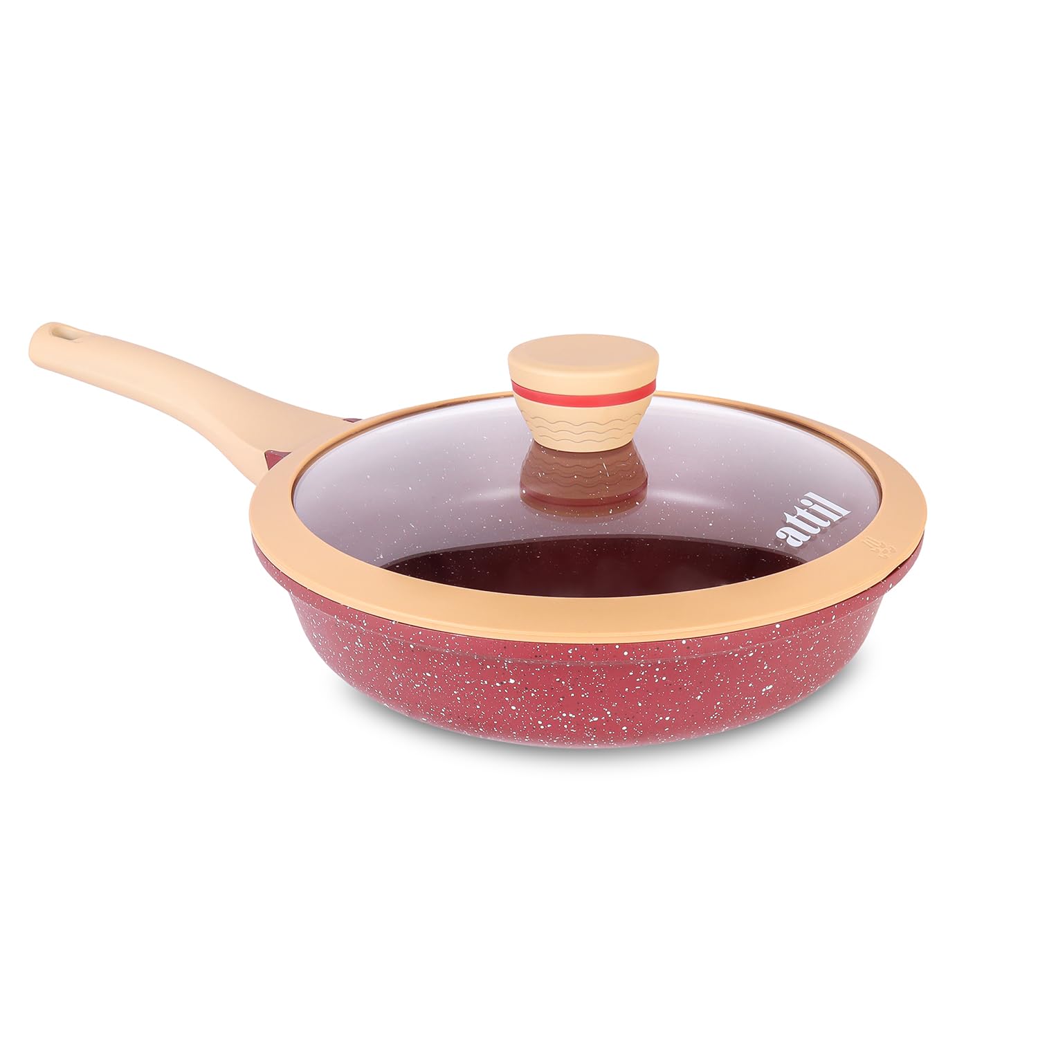Attil - 24 Cm Non-Stick Fry Pan With Glass Lid And Silicone Spatula - Induction Base - Granite Cookware Frying Pan - 1.8 Ltr - G
