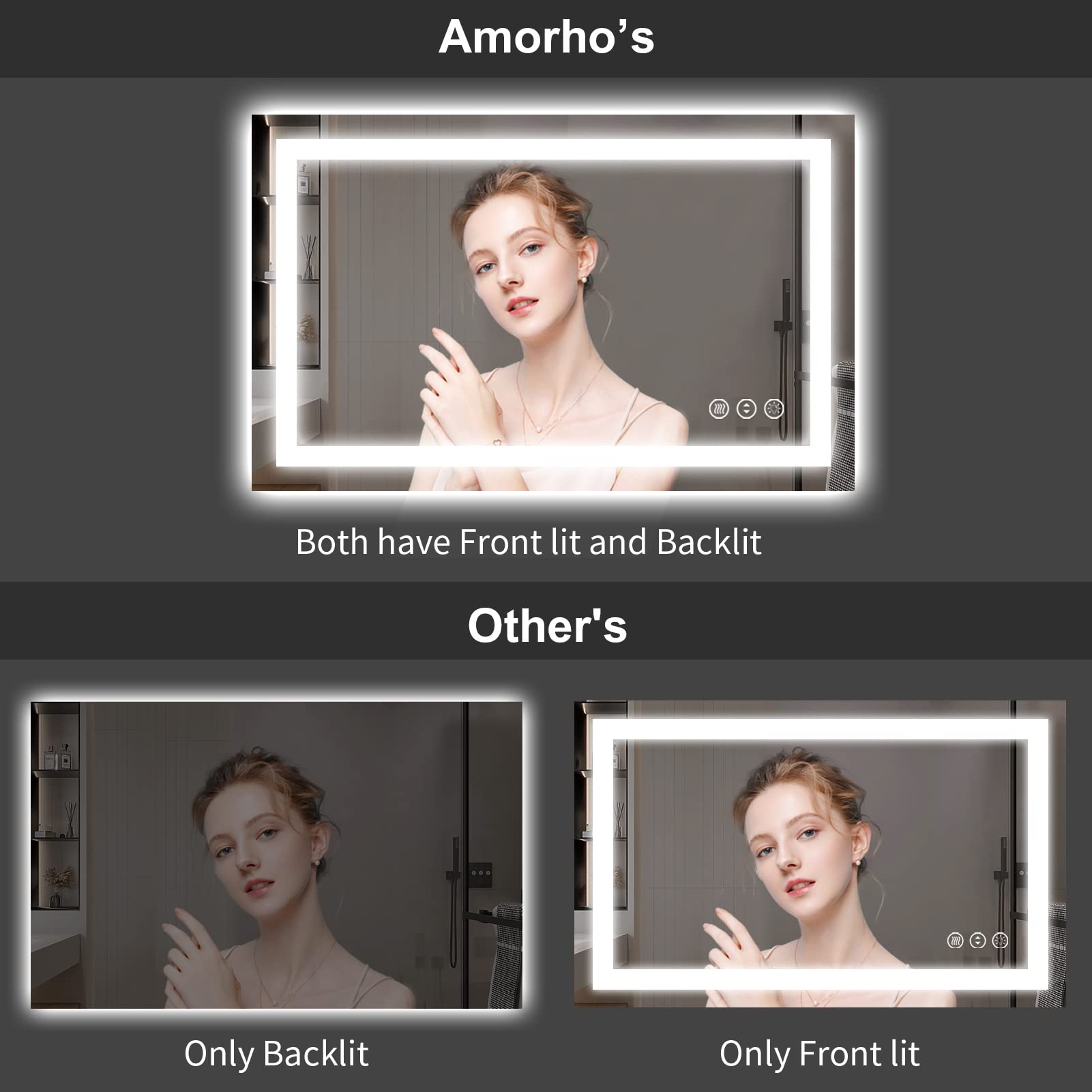 Amorho LED Bathroom Mirror 55''x 30''  Backlit + Front-Lighted Vanity Mirror  Dimmable Bathroom Mirrors for Wall  Anti-Fog  Memory  3 Colors  Double LED Lights  Shatter-Proof  ETL Listed