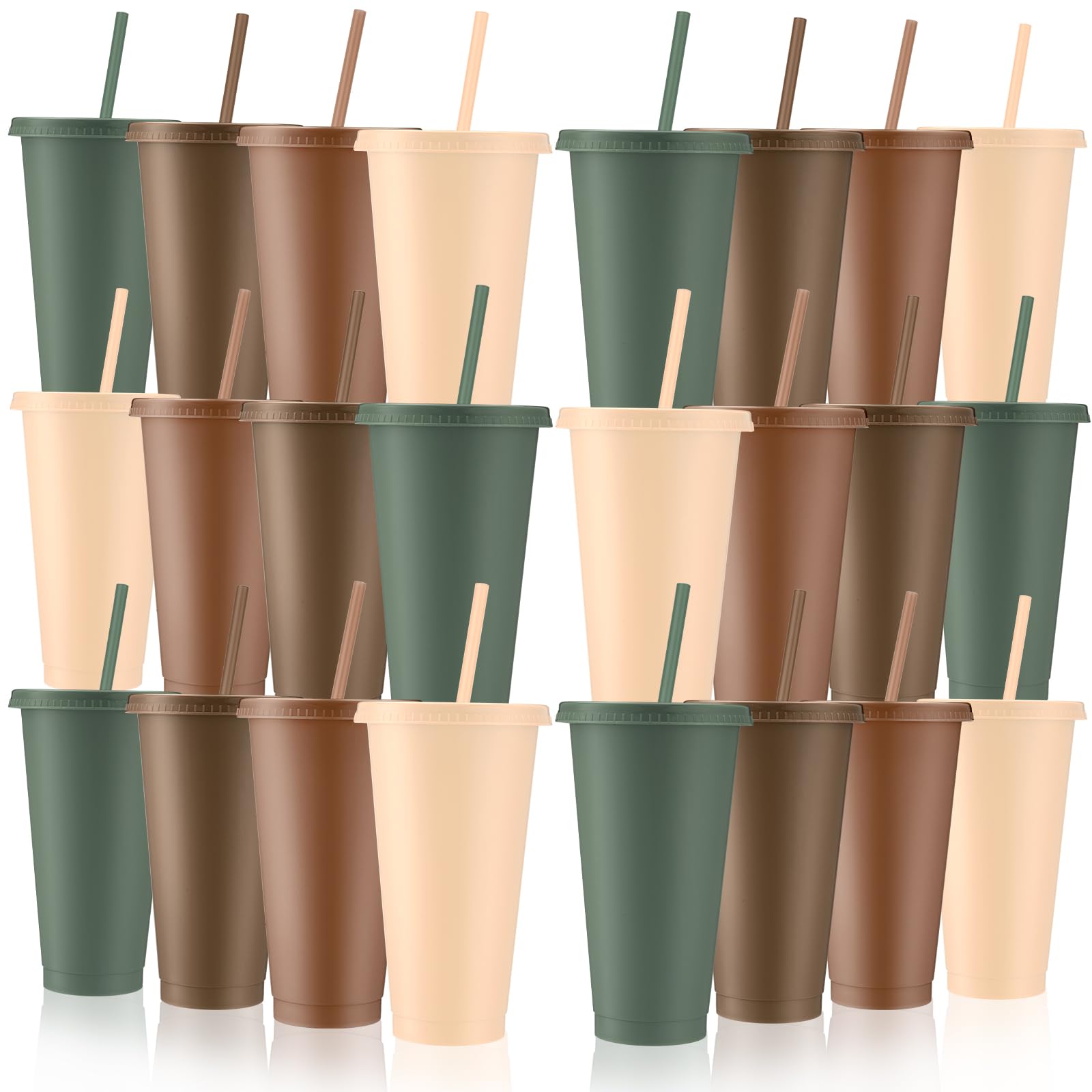 Skylety 24 Pcs Woodland Plastic Cups with Lids and Straws 24 oz Neutral Reusable Tumbler Large Travel Mug Cup Coffee Beverage Dr