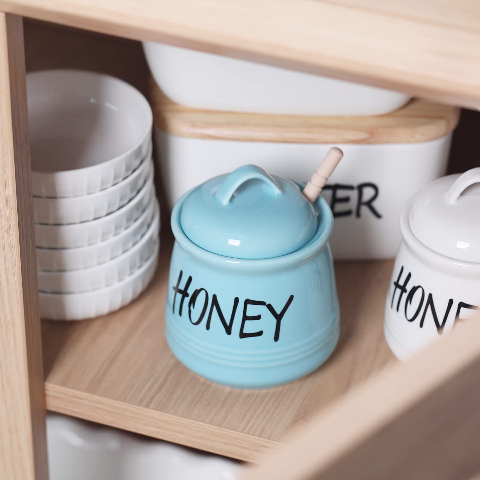 Haotop Porcelain Honey Jar With Lid And Honey Dipper 12Oz (Turquoise)