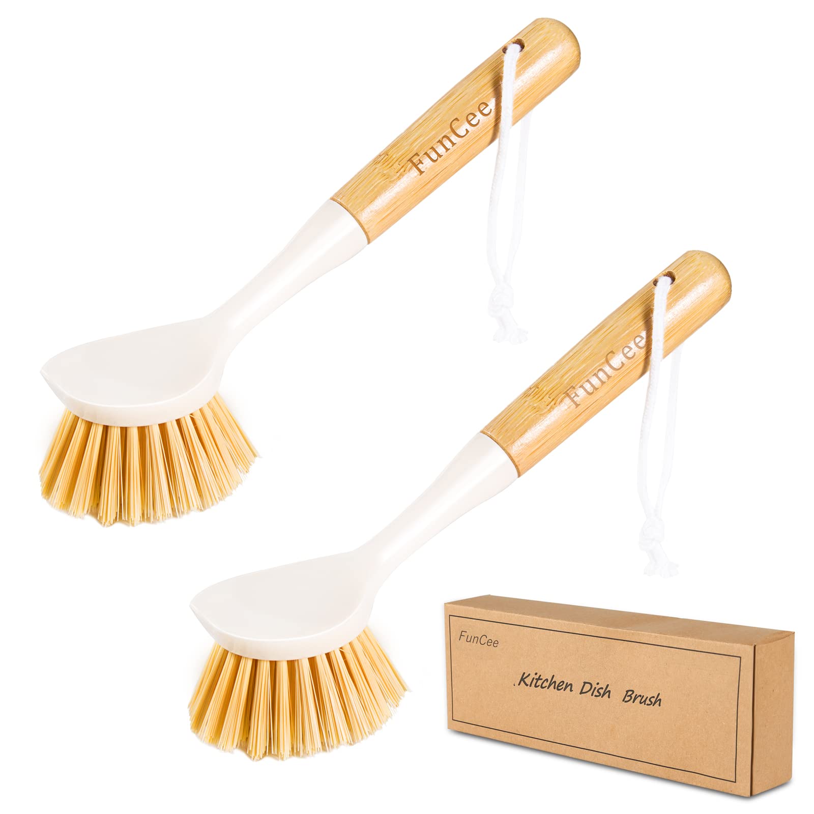 Funcee 2 Pack Kitchen Dish Brushes With Bamboo Handle, Dish Scrubber Built-In Scraper, Scrub Brush For Pans, Pots, Counter & Kit