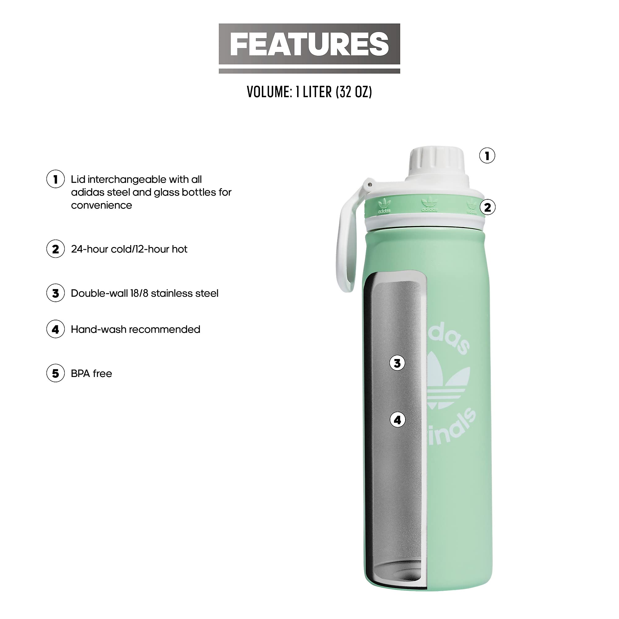 Adidas Originals 600 Ml (20 Oz) Metal Water Bottle, Hot/Cold Double-Walled Insulated 18/8 Stainless Steel, Glory Mint Green/Whit