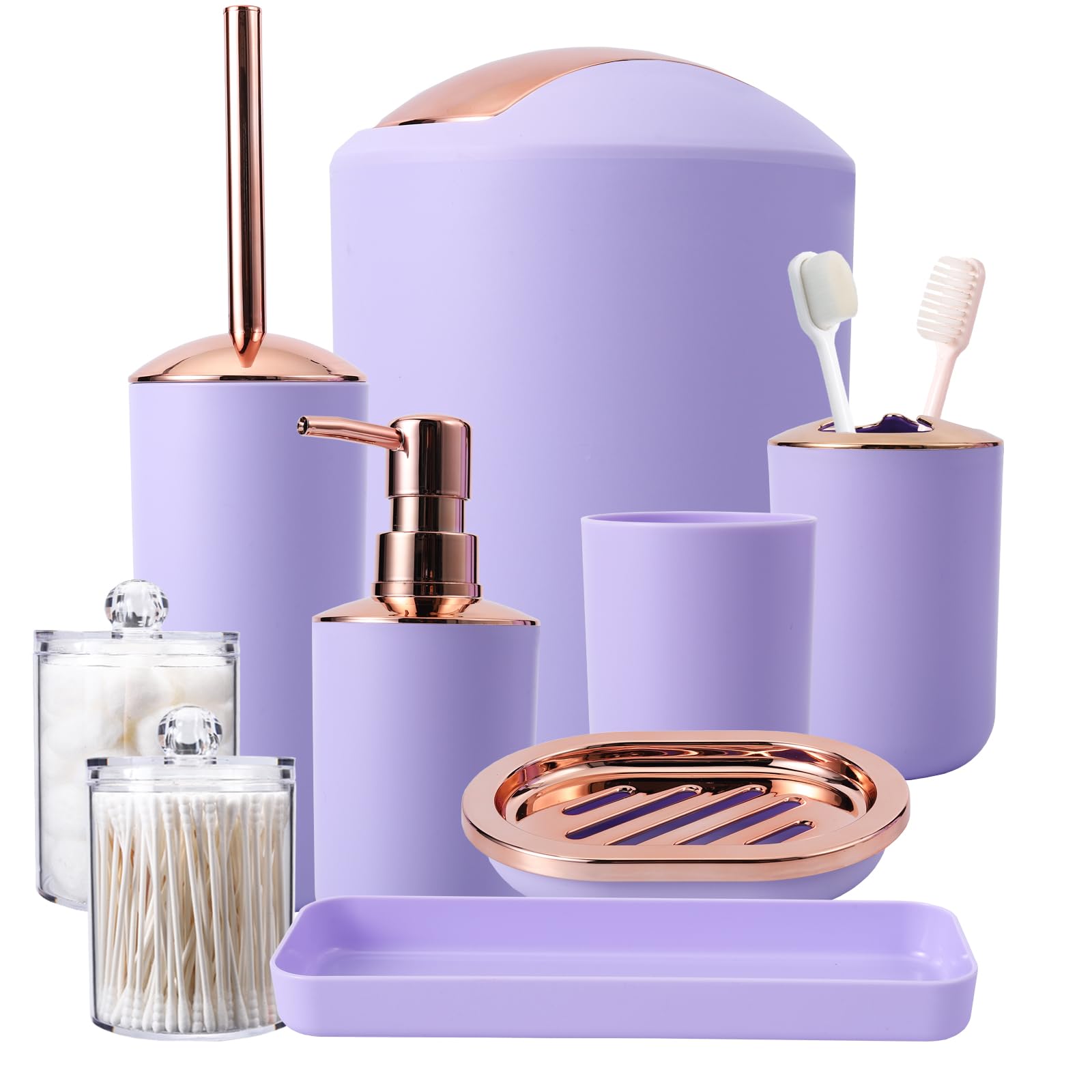 Purple Bathroom Accessories Set, 9-Piece Complete With Trash Can, Soap Dispenser, Soap Dish, Toilet Brush With Holder, Toothbrus