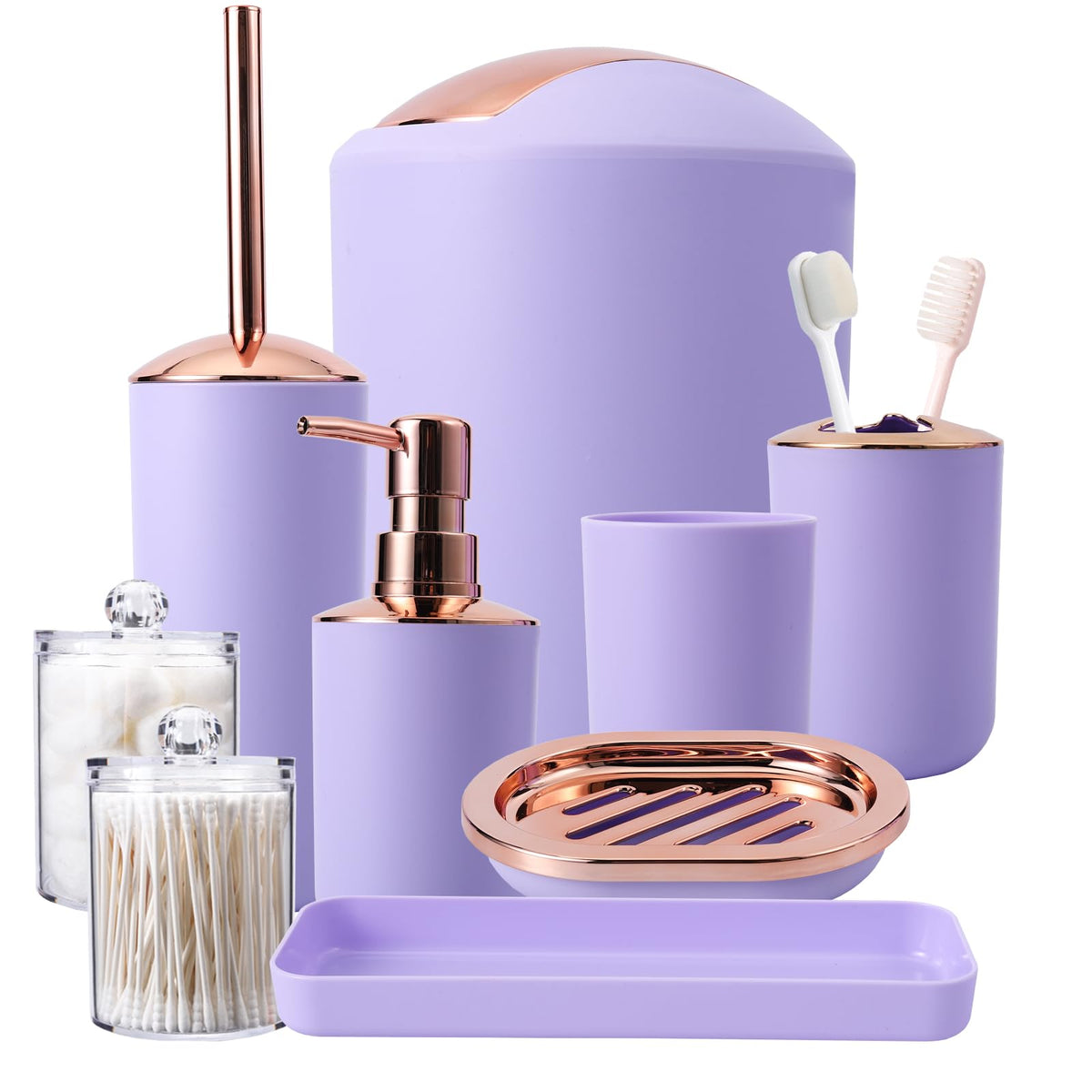 Purple Bathroom Accessories Set, 9-Piece Complete With Trash Can, Soap Dispenser, Soap Dish, Toilet Brush With Holder, Toothbrus