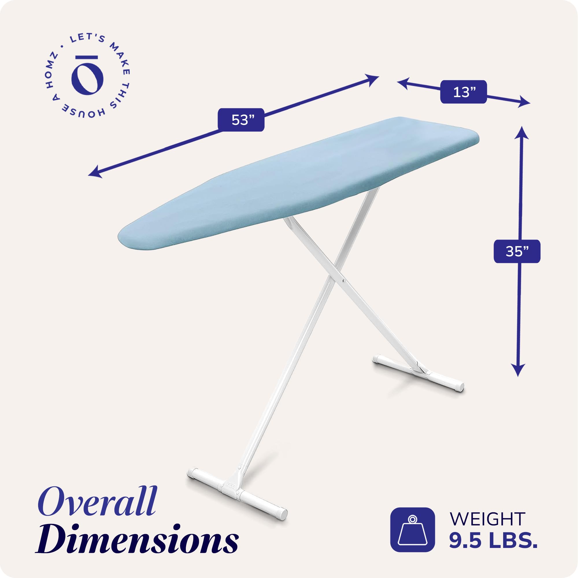 Homz T-Leg Clothes Ironing Board, Compact Foldable Standard Size Adjustable Height With Foam Pad & Cotton Cover, Light Blue