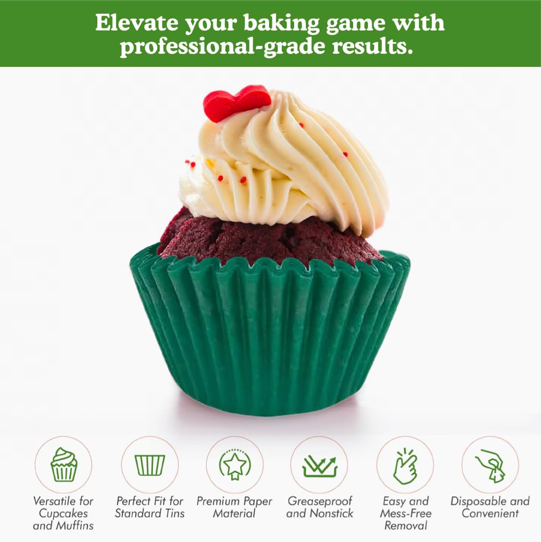Regency Wraps Greaseproof Professional Grade Baking Cups, Pack Of 40, Standard Liners, Green Solid, For Cupcakes, Muffins, Candy