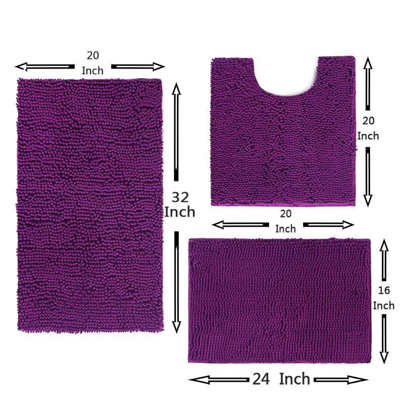 Madeals Bath Rug Set 3 Piece Bathroom Contour Rugs Combo, Soft Shaggy 2 Piece Bath Shower Mat And U-Shaped Toilet Floor Rug Purp