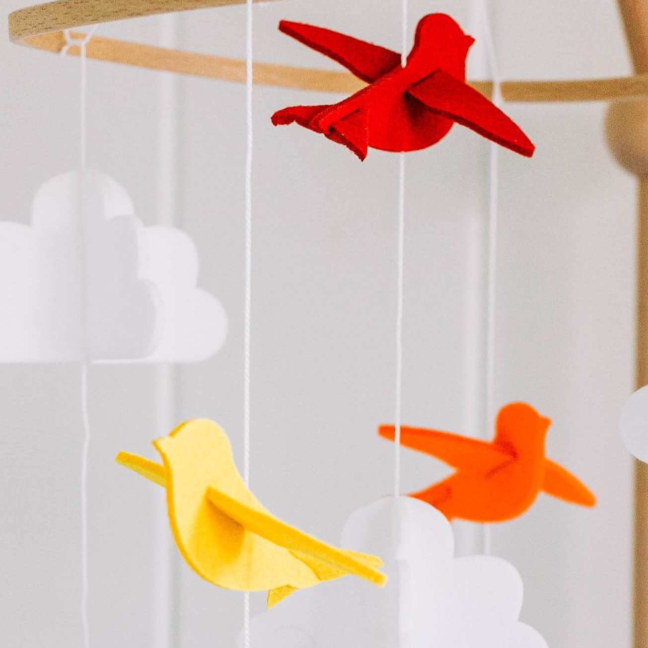 Baby Crib Mobile (Rainbow Birds in The Clouds, w/Garland) - Felt Nursery Ceiling Decoration and Baby Shower Gift for Girls & Boy