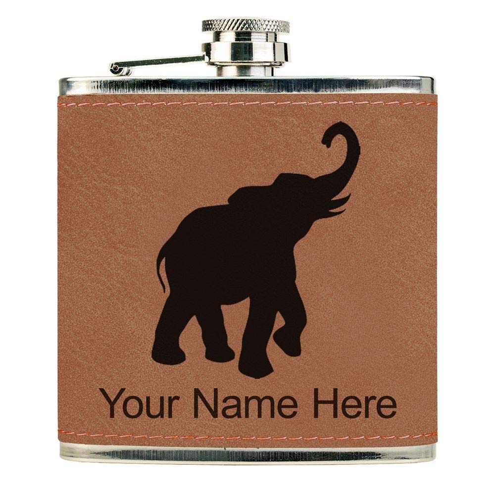 Faux Leather Flask, Indian Elephant, Personalized Engraving Included (Dark Brown)