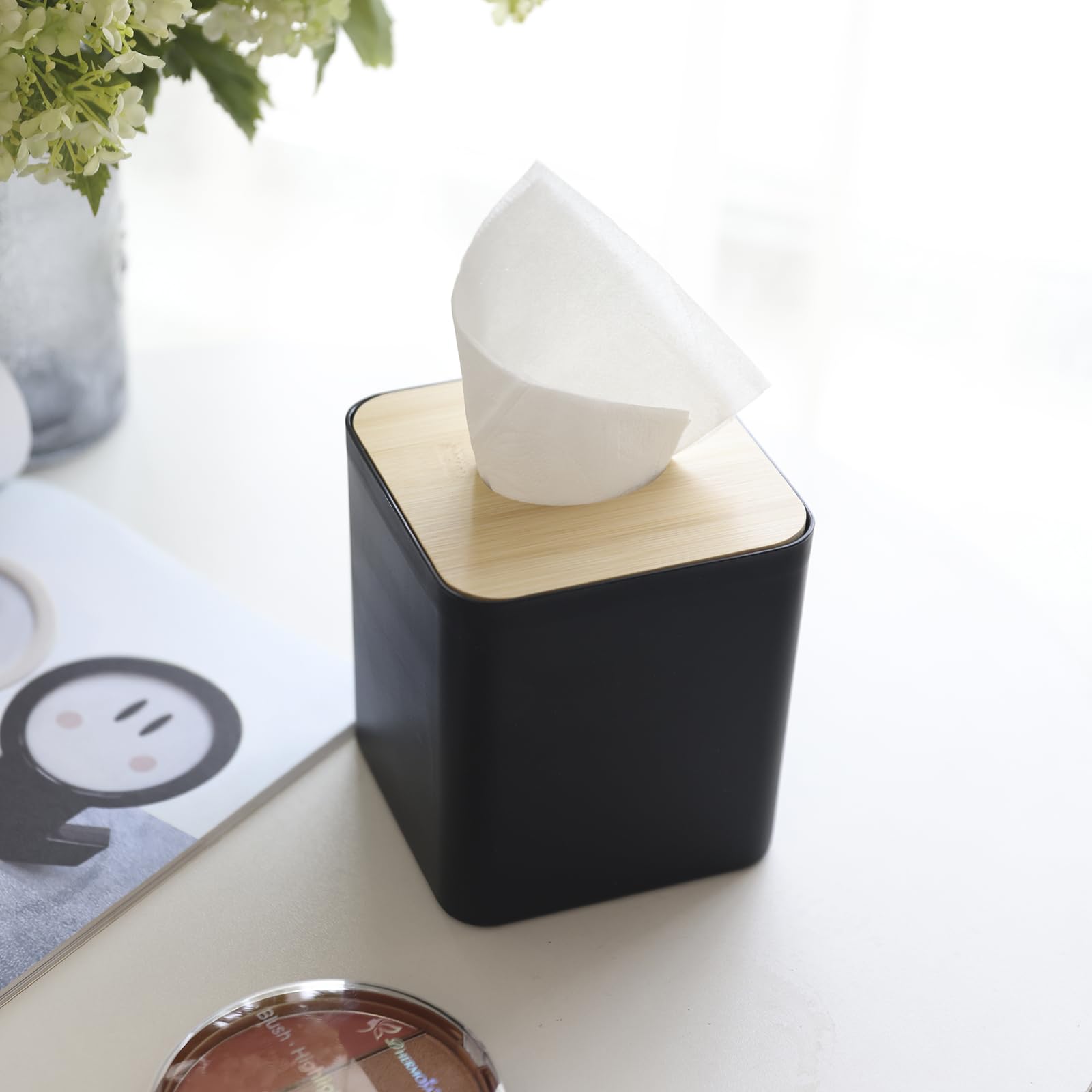 Square Tissue Box Cover,Black Tissue Box Holder,Bamboo Facial Cube Box Cover For Storage On Bathroom Vanity, Countertop, Bedroom