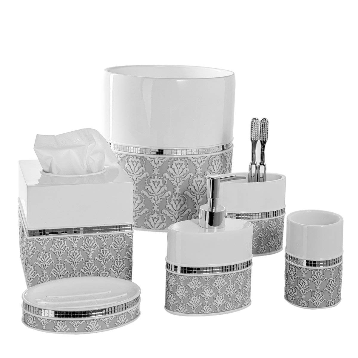 Creative Scents White And Gray Bathroom Accessories Set - 6 Piece Bathroom Accessory Set Includes: Trash Can, Tissue Box Cover,