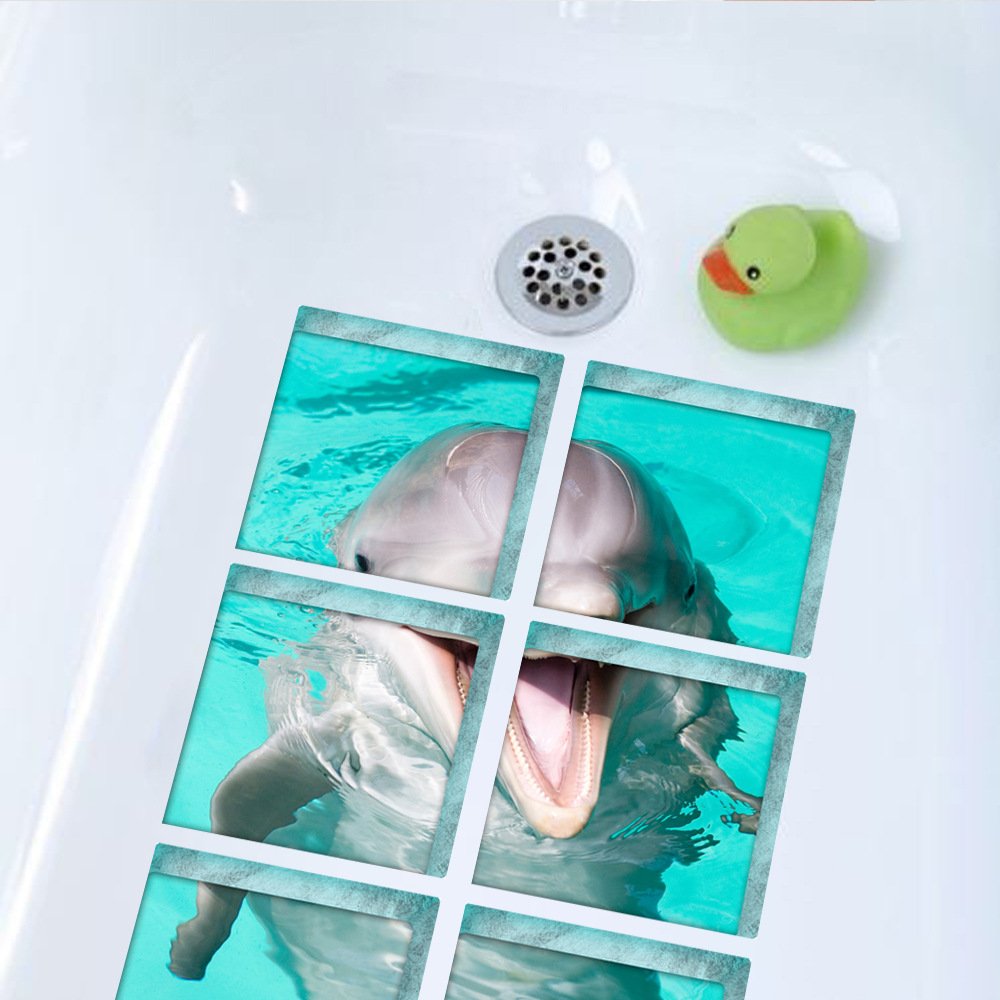 ChezMax Bath Treads Stickers Dolphin Pattern Square 3D Adhesive Anti Slip Tub Tattoos Safety Decals Mat Waterproof Shower Tub Sticker Bathtub Appliques for Bath Pools Home Decor 6 Pcs 5.9'' X 5.9''