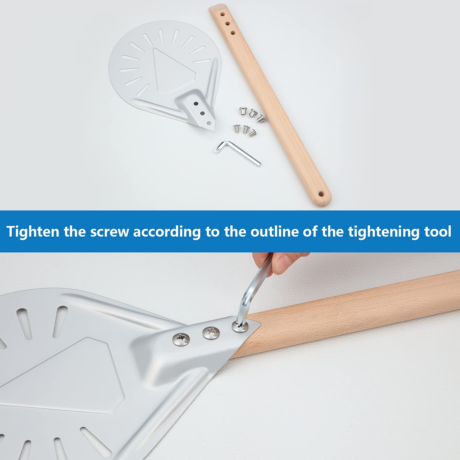 Patelai Round Perforated Pizza Peel with 16 Inch Wooden Handle, 10 Inch Metal Pizza Paddle, Silver, Model Patelai-3665