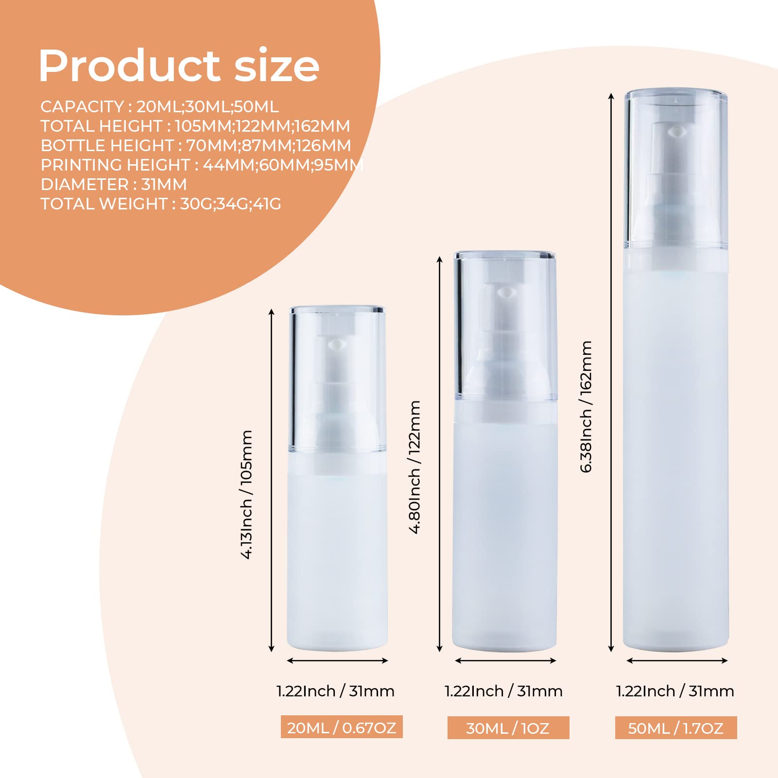 Longway 1Oz 30Ml Airless Cosmetic Cream Pump Bottle Travel Size Dispenser Refillable Containers/Foundation Travel Pump Bottle Fo