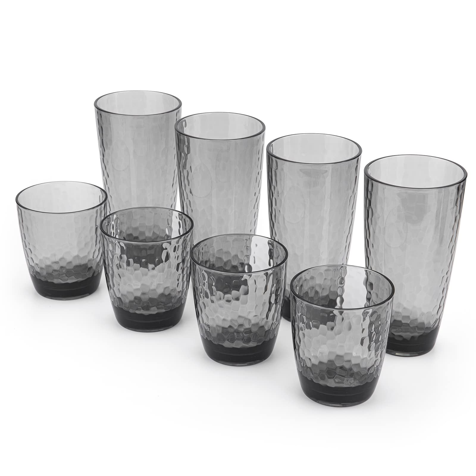 Koxin-Karlu Hammered 15-Ounce And 26-Ounce Plastic Tumbler Acrylic Glasses, Set Of 8 Smoky Grey