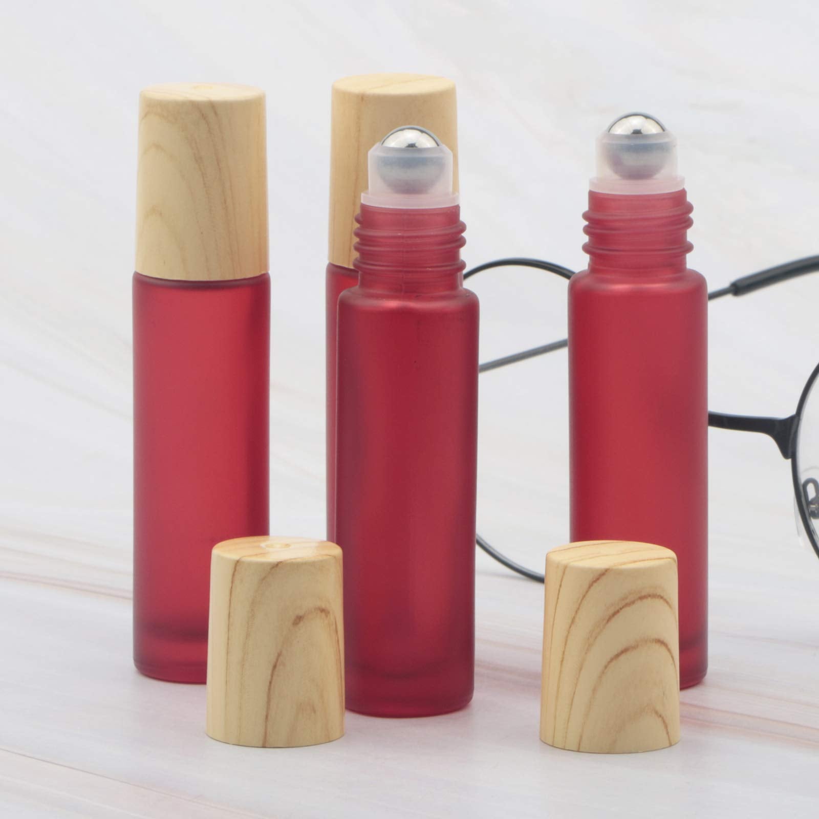 Kesell 10Pcs 10Ml Frosted Glass Roller Bottles Vials Containers With Metal Roller Ball And Wood Grain Plastic Cap For Essential