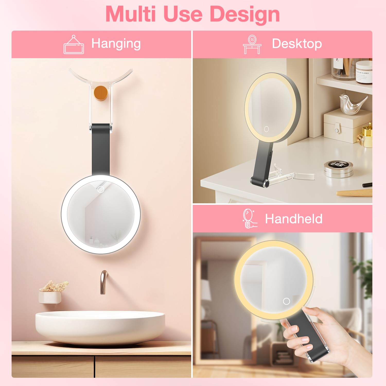 Benbilry Lighted Travel Makeup Mirror With 10X Magnification & 3 Color Lights, Adjustable Brightness & Stand, Tabletop & Hanging