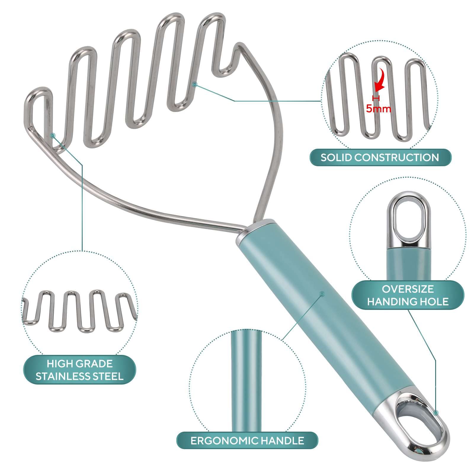 Beiya Potato Masher, Premium Masher Kitchen Tool, Heavy Duty Potato Masher Stainless Steel, Metal Wire Mashed Potatoes Masher Fo