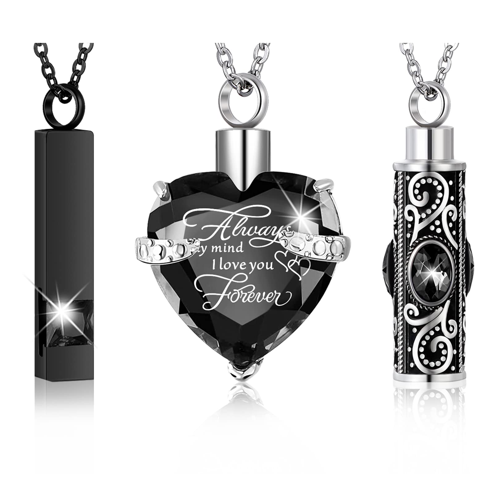 3 Pieces Cremation Urn Necklace for Ashes Keepsake Cremation Jewelry Vertical Bar Zircon Crystal Urn Necklace Urn Stainless Stee