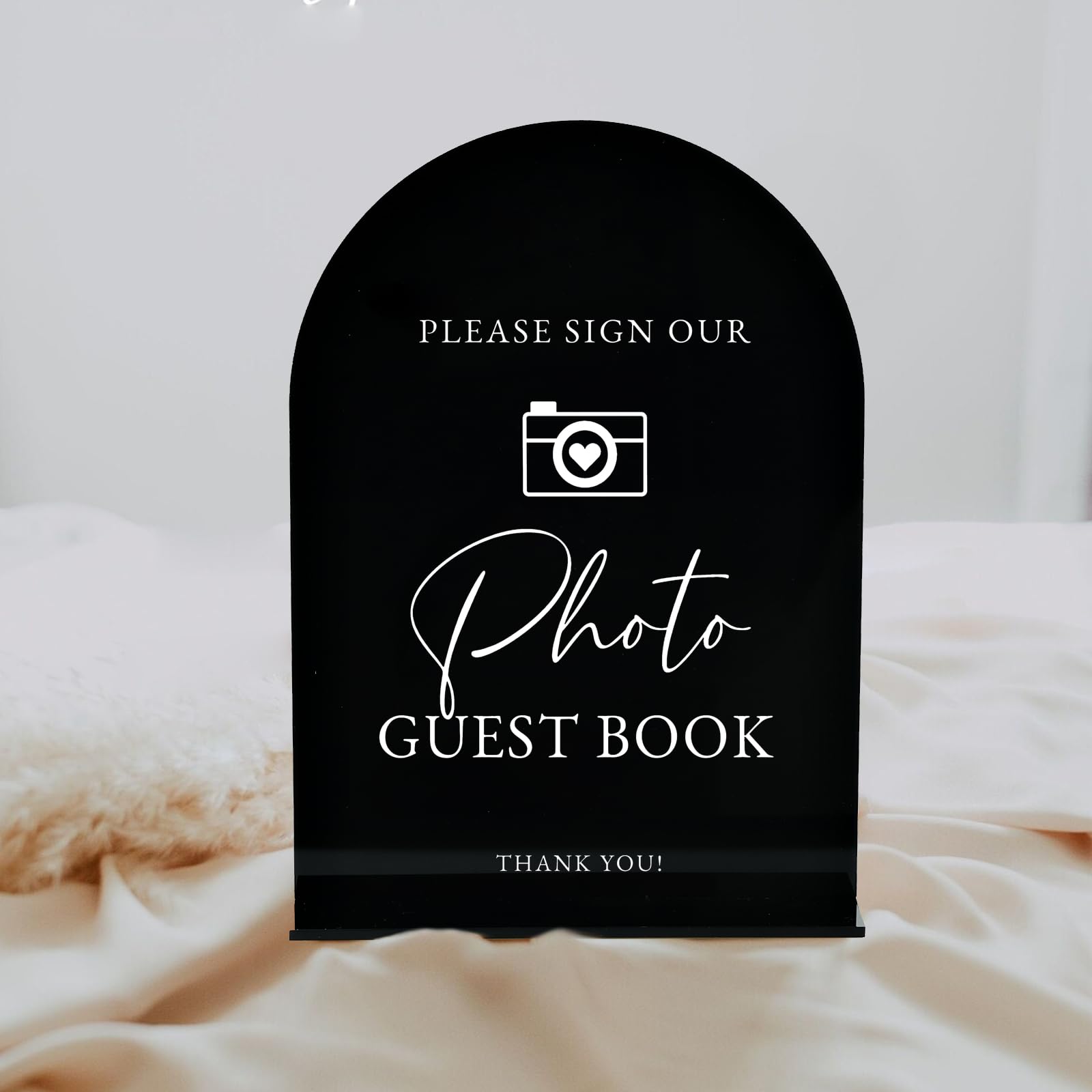 Acrylic Photo Guestbook Sign with Stand- 5x7 Black Arched Wedding Signs and Base,1/8 Thick | Modern Calligraphy White Lettering