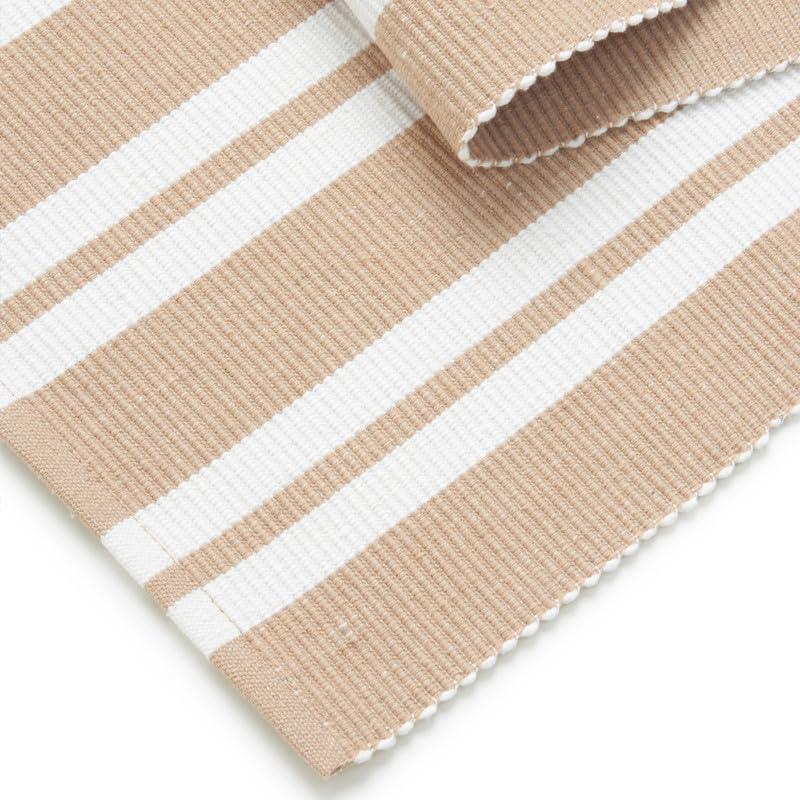 Encasa Xo Dining Table Runner 13''X59'' | Yarn Dyed Fine Ribbed Cotton | Franca Beige Stripes | Machine Washable