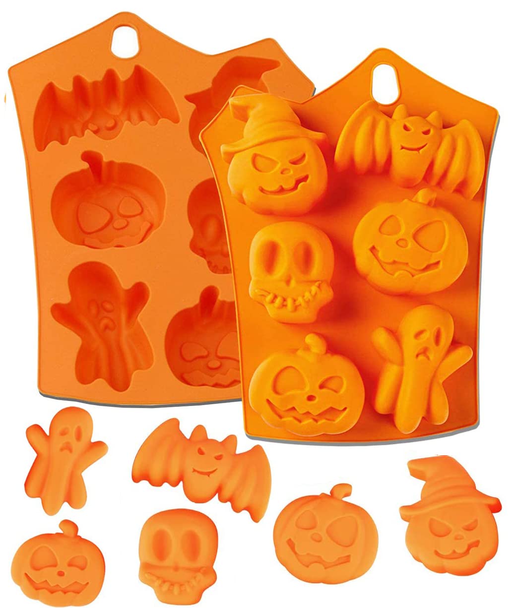Bamutu Halloween Silicone Chocolate Molds Pumpkin Bat Skull Ghost Shape Baking Molds 2 Pcs 12-Cavity Non-Stick Chocolate Jelly C