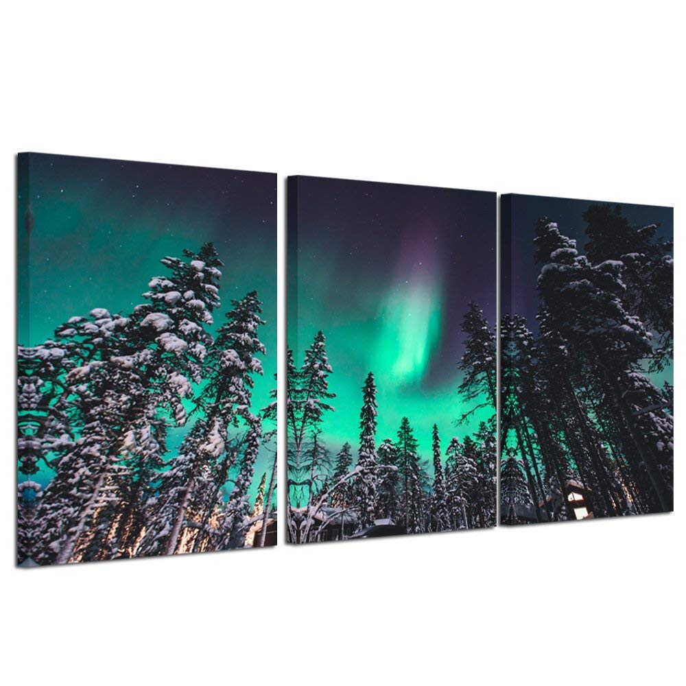 Kreative Arts Northern Lights Canvas Print Norway Nature Green Aurora Borealis Poster Snow Tree Forest Landscape Painting Wall A